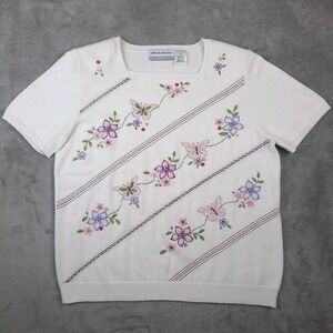 VTG Butterflies Floral Embroidered Sweater Womens PL Cottagecore Grandmacore 90s